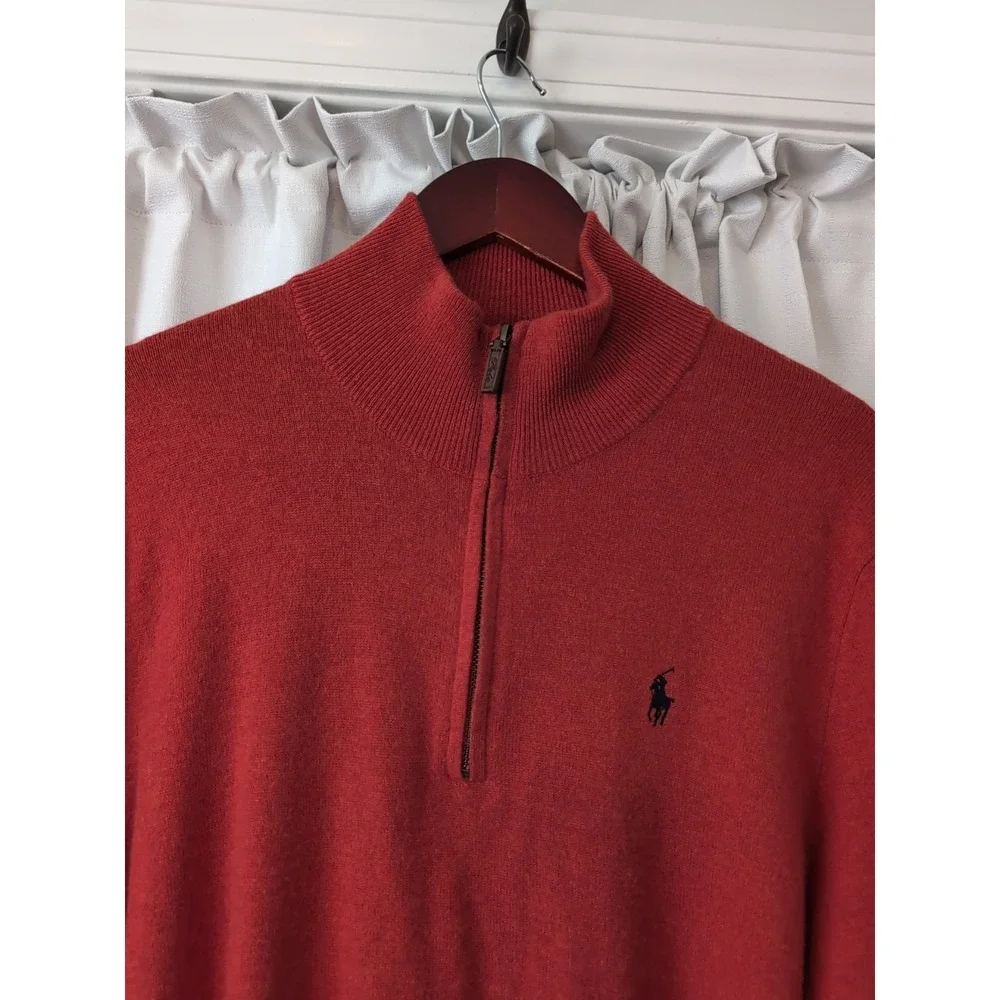 Polo Ralph Lauren Orange 100% Merino Wool 1/4 Zip Sweater Mens L‎